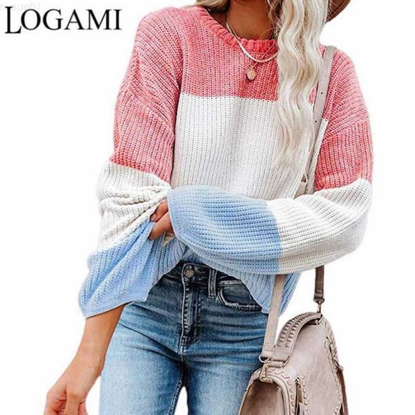 

women's sweaters logami contrast color sweater women lantern sleeve o neck pullover fall 2021 woman loose casual jumper pullovers l2307, White;black