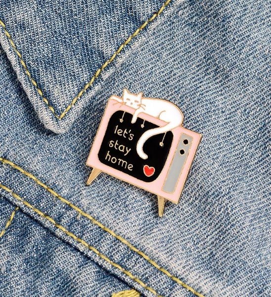 

let039s stay home letters enamel cat tv lapel pins badges phrase brooches gifts for women men fashion pins whole jewelry6242186, Gray