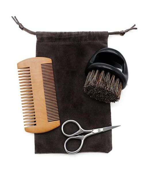 

3pcs wooden beard comb and natural bristles brush with scissors set for men c jllqih7042810, Silver