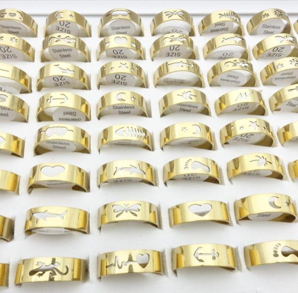 

whole 100pcs stainless steel band rings for men laser cut mixed patterns fashion jewelry womens ring size 1721mm golden plate8320741, Silver
