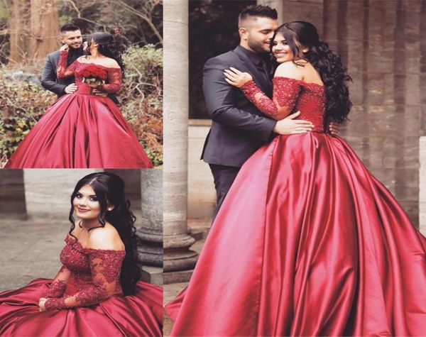 

vintage arabic dubai evening dresses sheer long sleeve off shoulders lace appliqued beads satin party occasion quinceanear prom go3896157, Black;red