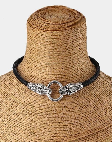 

genuine leather choker necklace dragon collar choker with black braided leather 13quot17quot6622072, Golden;silver