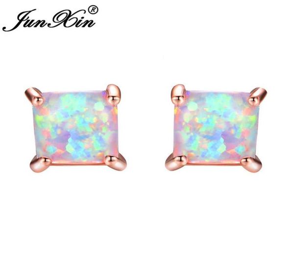 

junxin greenbluewhite fire opal stud earrings for women rose gold filled square earrings princess cut birthstone earring gifts4688798, Golden;silver