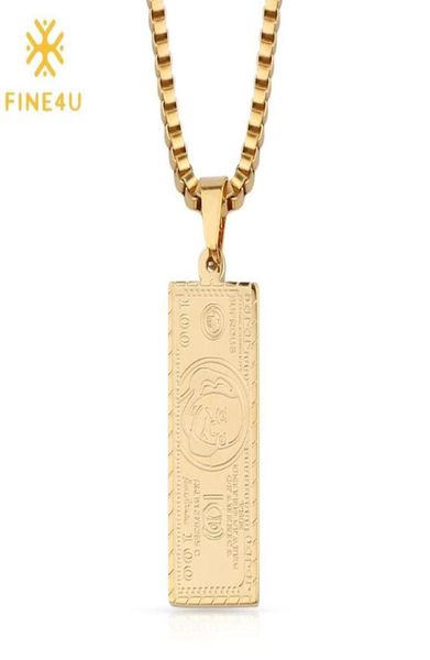 

fine4u n290 hundred 100 dollar bill pendant necklace gold color stainless steel box chain necklace for men women9657335, Silver