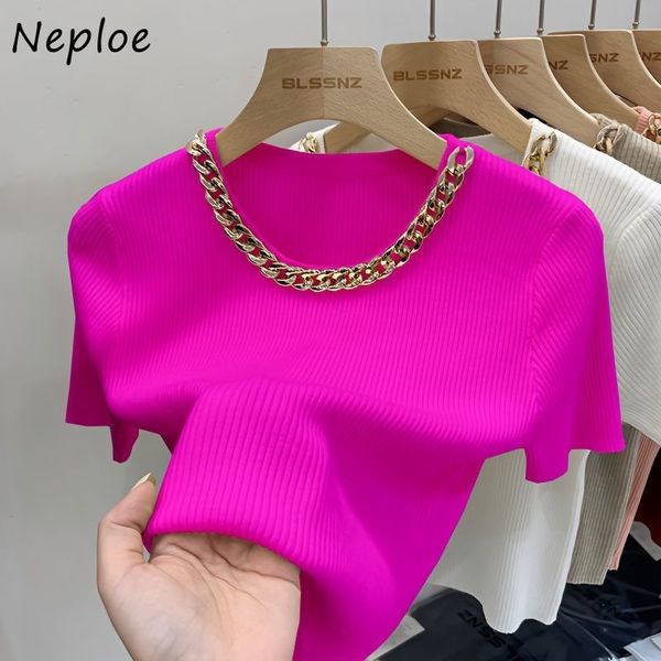

women's t shirt neploe high end short sleeve knitted 2023 summer french office lady style westernized femme chic chain neck tees 23071, White