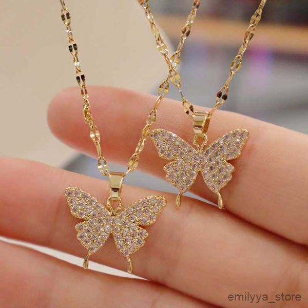 

pendant necklaces kpop fashion new shiny butterfly necklace for women exquisite chain pendant necklace jewelry for lady gift r230829, Silver