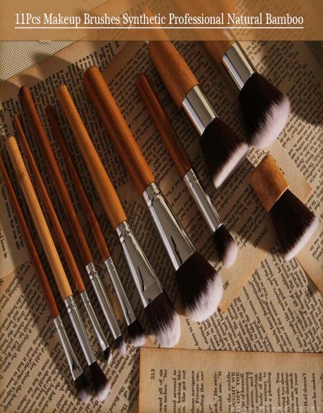 

11pcs makeup brushes synthetic professional natural bamboo cosmetics foundation eyeshadow blush makeup brush set kit pouch1614494