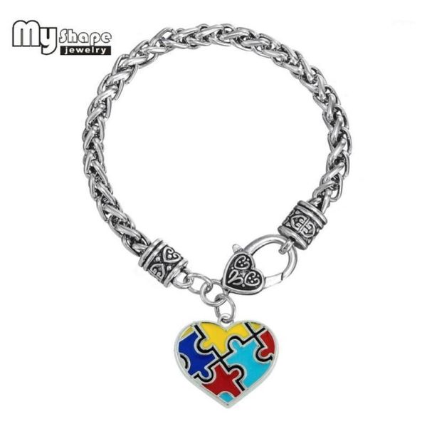 

charm bracelets my shape enamel autism awareness puzzle piece heart lobster claw trendy bracelet bangles man and woman12998502, Golden;silver