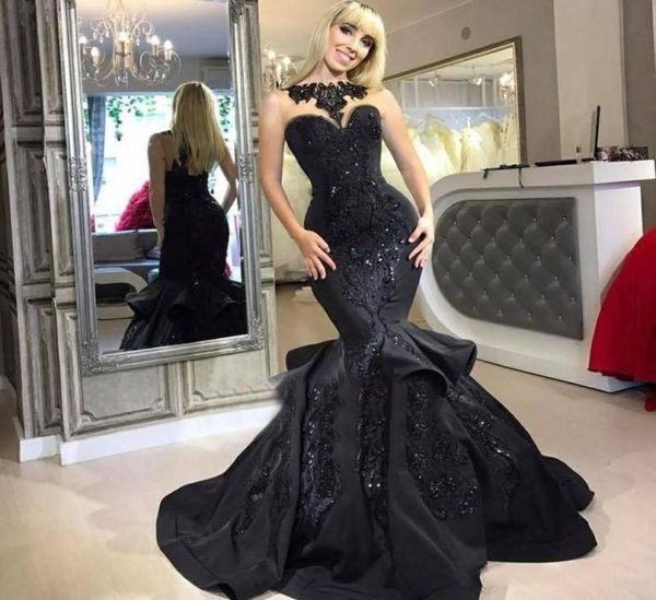 

luxury mermaid evening dresses sheer neck crystal beaded satin floor length saudi arabic dubai prom dresses evening gowns3772152, Black;red