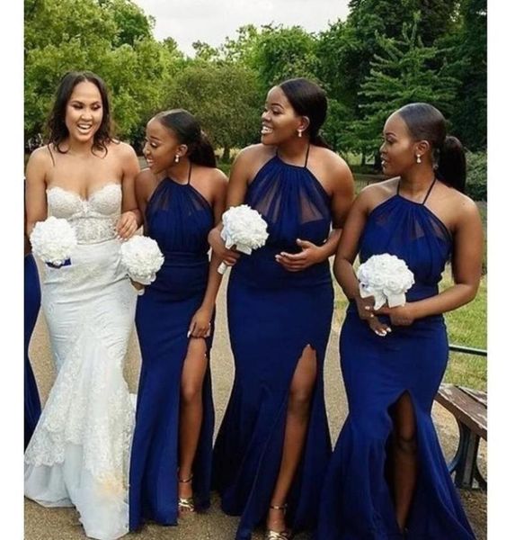 

2023 navy blue halter side slit mermaid floor long sleeveless customized african large size bridesmaid dress gj02227979839, White;pink