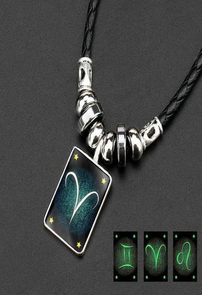 

luminous 12 zodiac sign necklaces glow in the dark constellation obsidian pendant leather rope chains for women men jewelry 6587558, Silver