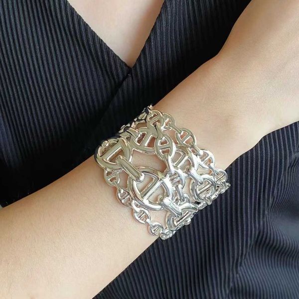 

designer hemrres bracelet s925 sterling silver hollow pig nose h personalized smooth multi layer design chain open kxut, Black
