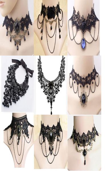 

vintage style lace necklace chokers for women female gothic wedding black red rose crystal diamond pendant collarbone necklaces wh5803605, Golden;silver