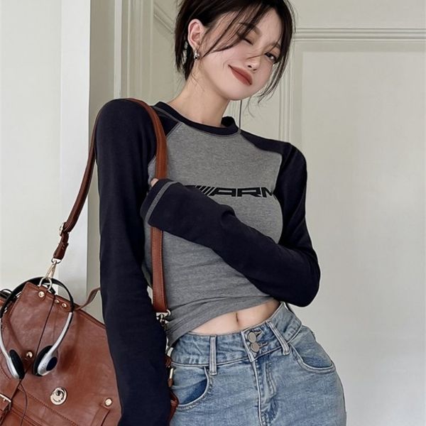 

women's tshirt y2k slim tshirt patchwork long sleeve female fashion letter t shirt ladies american retro casual 230717, White