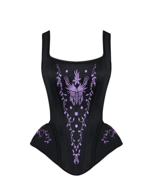 

women halterneck corset steel boned steampunk brocade embroidery overbust corsets with straps waist control zipper waist training 7480865, Black;white