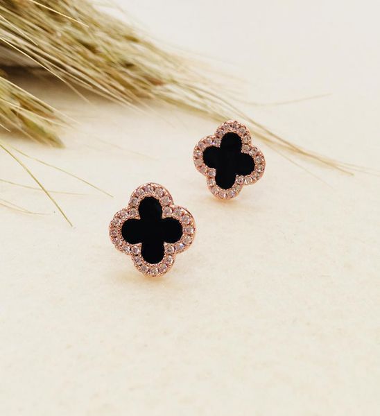 

2020 new qiaolanxuan sterling silver needle female black fourleaf clover earrings full diamond zircon hypoallergenic jewelry5730306, Golden;silver
