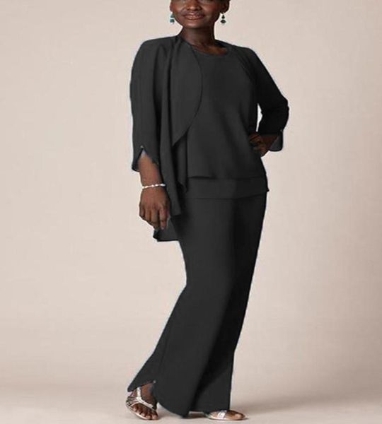 

women039s 3 pieces elegant ruffles chiffon mother of the bride dress pants suit 34 sleeves with jacket outfit for wedding groo9077640, Black;red