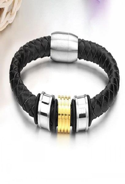 

fashion jewelry black leather stainless steel men039s charm bracelet bangle gold silver for husband6903907