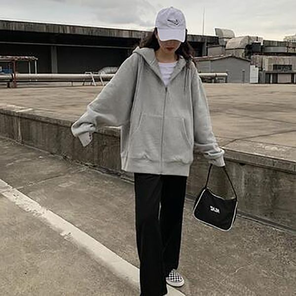 

men's hoodies sweatshirts zipup women korean style hoodies vintage solid color long sleeve oversized hooded sweatshirt lady casual larg, Black