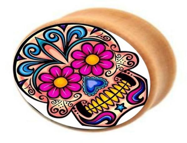 

sugar skull wood plug body jewelry flesh tunnel ear stretcher gauge double flared saddle wooden mix 616mm ear piercing4188609, Silver