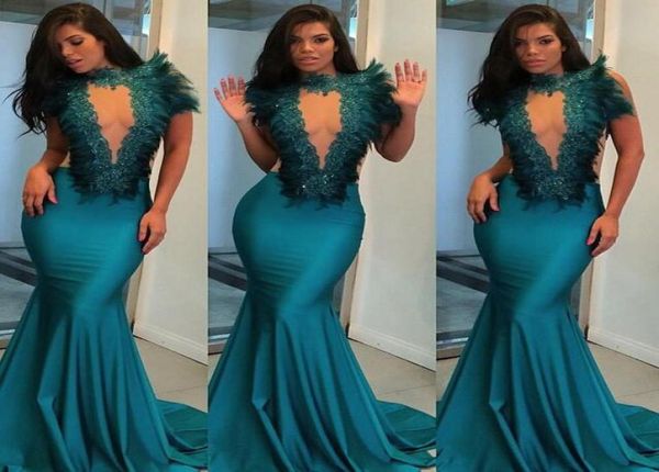 

prom dress feather mermaid evening dresses see through lace sheer high neck backless 2020 formal party wear9978280, Black