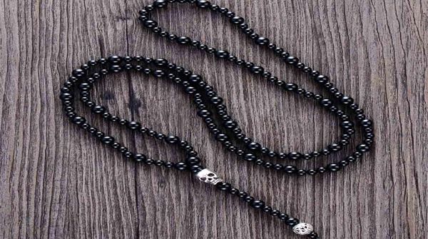 

men necklace quality black onyx with skull mens rosary necklace beads punk couple necklace mens jewelry drop 2012116422391, Silver