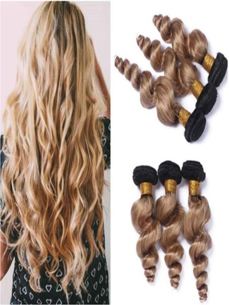 

indian virgin human hair ombre honey blonde weave bundles 3pcs loose wave wavy 1b27 light brown ombre human hair weft exte6650239, Black;brown