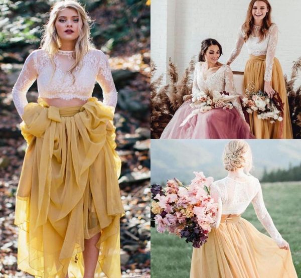 

country boho two piece wedding dresses a line tulle skirt sweep train country bridal gowns lace long sleeve robes de mariee z344384030, White