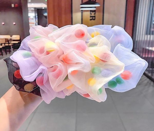 

new korean organza pompom elastic hair band set for women fashion tie ponytail hold scrunchie girl daily hair accessories 20209031699, Golden;silver
