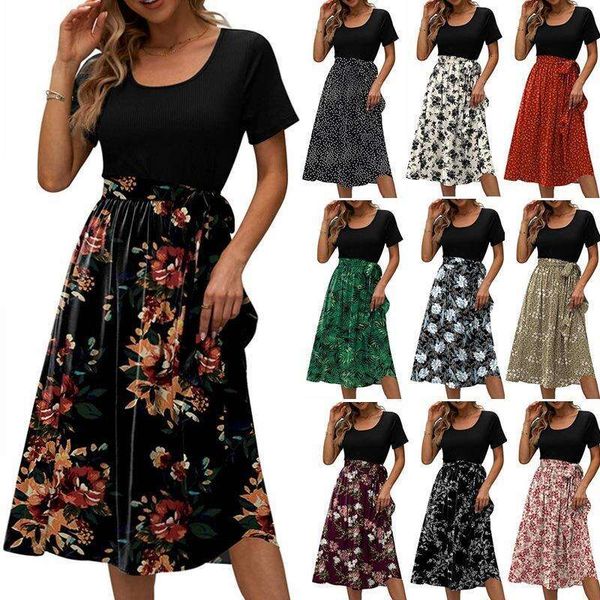 

womens round neck stitching tied printed short sleeve casual dress, Black;gray