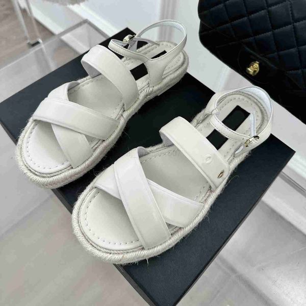 

channel dad interlocking c sandals real leather channel platform sandal paseo flat mules women's strap slingbacks straw espadrilles sum, Black