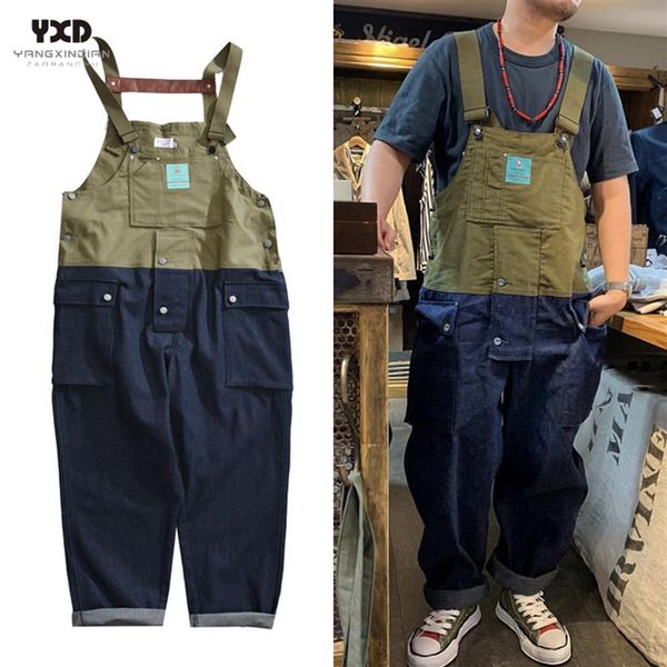 

new mens cotton multi-pocket splice loose overalls man streetwear jeans men casual trousers suspenders pants jumpsuits coveralls268t, Blue