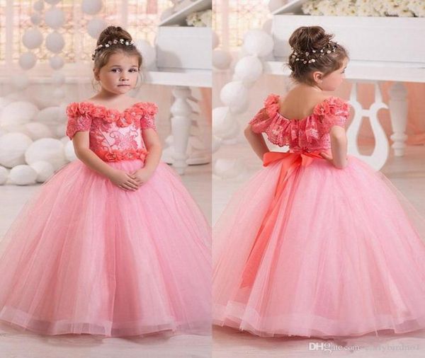 

2018 new pink off shoulder flower girls dresses tulle beaded short sleeves princess bow kids formal wear toddler girl039s pagea4357540, White;blue