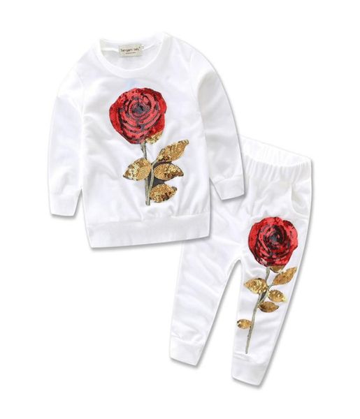 

girl clothes sportswear 2 colors designer tracksuit boutique kids clothes rose sequin print hoodies pant toddler girl clothing set8441928, White