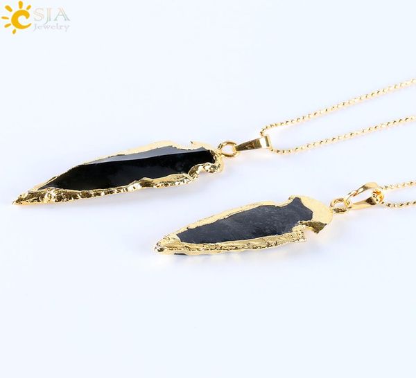 

csja natural black indian onyx agate arrowhead charms pendants necklace electroplated gold plated raw stone energy handmade jewelr9456981, Silver