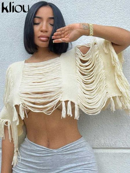 

women's sweaters kliou knitted hollow out solid sweater vest women casual o neck half sleeve loose crop ladies trendy streetwear cloth, White;black