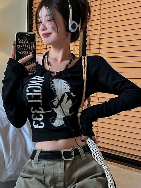 

women's t-shirt japanese y2k crop women spring letter print long sleeve halter t shirt vintage fashion girl slim fit grunge tees 23071, White