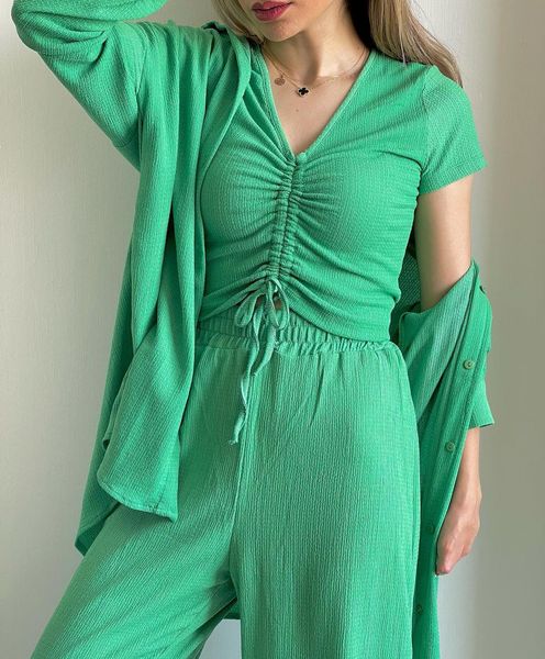 

ins fashion women three-piece set autumn new long-sleeved shirt drawstring short-sleeved wide-leg pants ladies casual suit, White