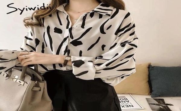 

syiwidii print shirts women button up long sleeve plus size 4xl chiffon vintage korean fashion white blouse clothes black wom8275711