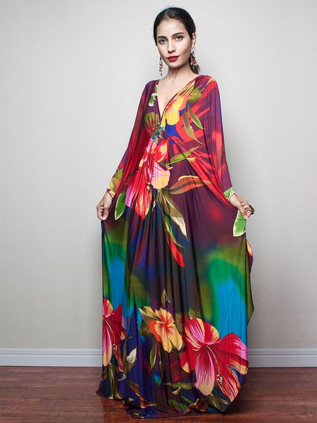 

basic casual dresses print deep v-neck dress batwing sleeve long dresses women summer dress beachwear bohemian women kaftan q1289 230717, Black;gray