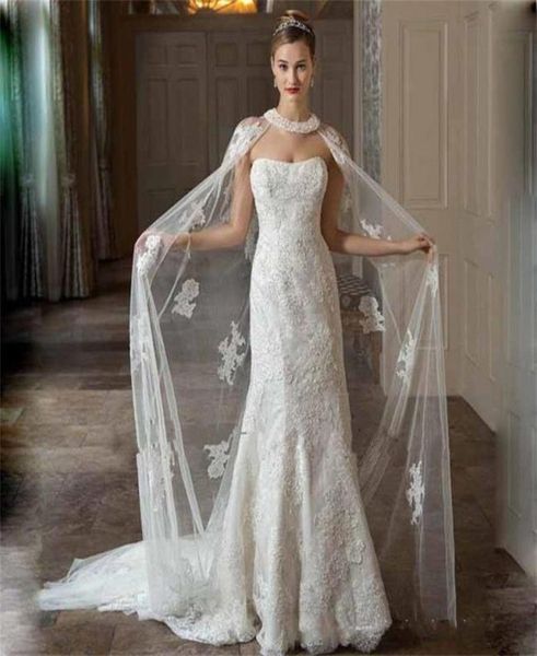 

2020 new white ivory long wedding capes cloaks tulle appliques lace custom bridal boleros jackets wraps2937939