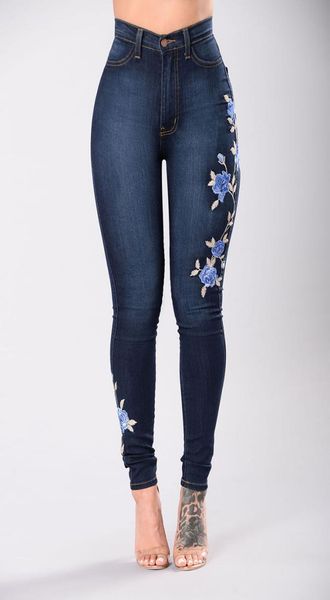 

2018 new fashion denim floral embroidery high waist skinny jeans woman slim jeans pant plus size s3xl9835215, Blue