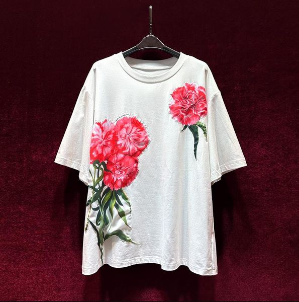 

european and american women's dress 2023 summer new style round neck short sleeve sticker print loose fashion t-shirt, White