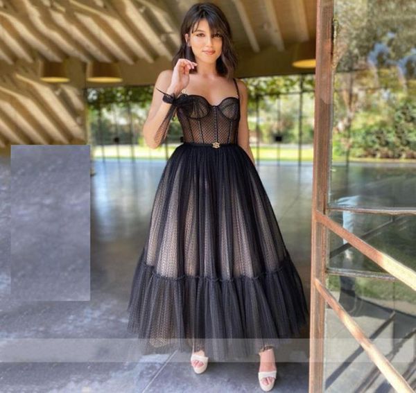 

modern black dotted tulle short prom dresses spaghetti straps evening gowns sweetheart corset prom party gowns5242936