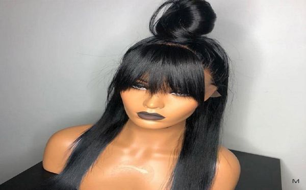 

13x4 lace front human hair wigs long straight fringe wig with bangs remy brazilian 130 density middle ratio bleached9109189, Black