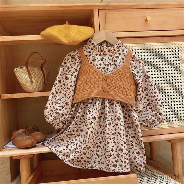 

clothing sets baby girls dress set spring new kids floral velvet dress and sweater vest 2pcs suit children's sets r230718, White
