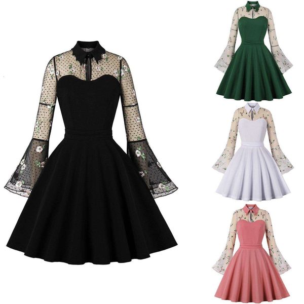 

womens halloween black mesh embroidered bell sleeve patchwork retro dress, Black;gray