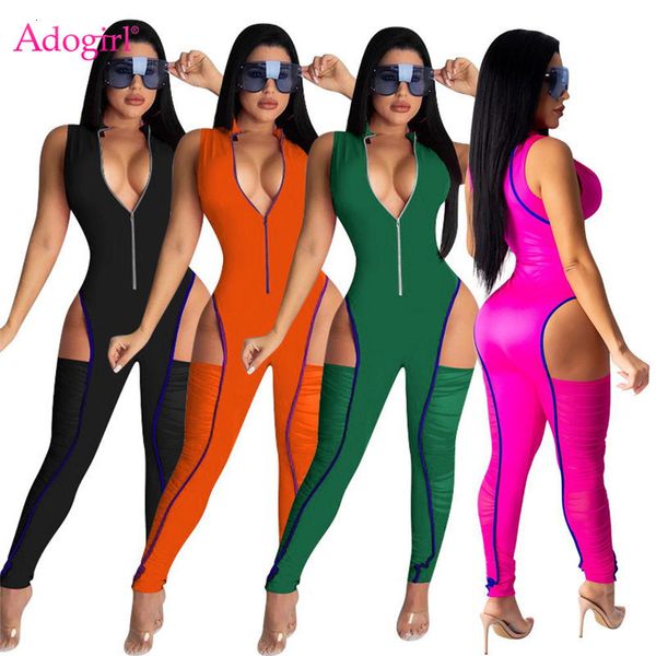 

women's jumpsuits rompers adogirl color patchwork pleated jumpsuit for women cutout sleeveless zipper skinny romer casual active overal, Black;white