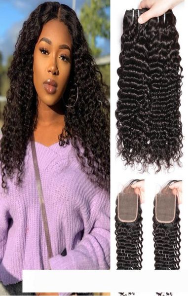 

brazilian virgin hair curly wave pelucas with lace closure unprocessed raw deep wave human hair 3 bundles with3062089, Black;brown