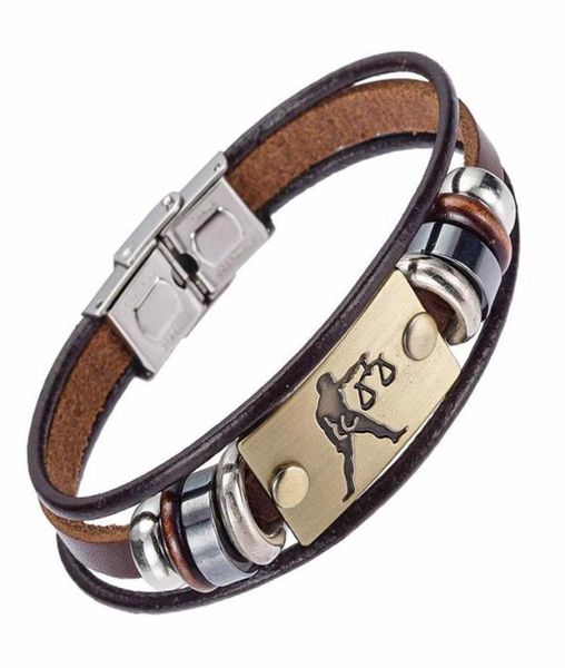 

selling europe fashion 12 zodiac signs bracelet with stainless steel clasp leather bracelet for men3388567, Golden;silver